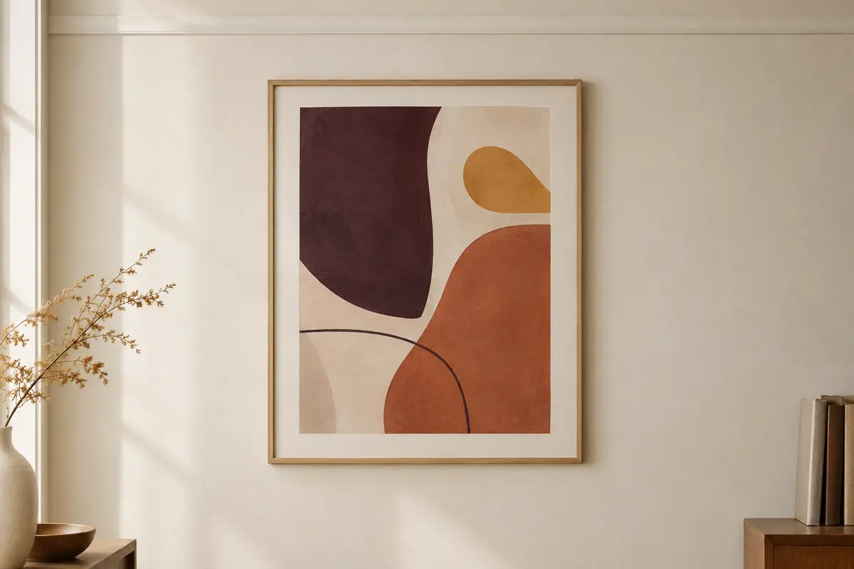 Affiche d’art abstraite encadrée sur un mur crème éclairé naturellement