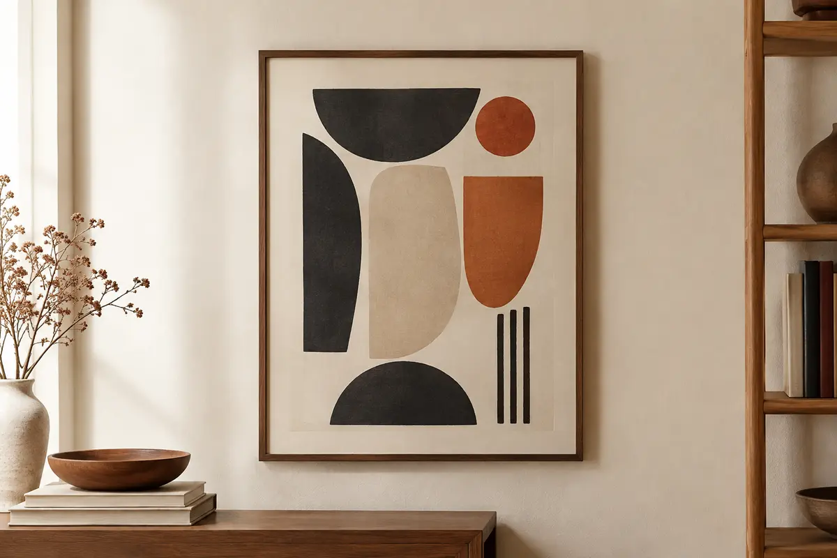 Affiche typographique encadrée aux formes graphiques sur un mur clair