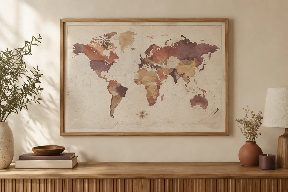 Carte du monde décorative encadrée au-dessus d’une console en bois