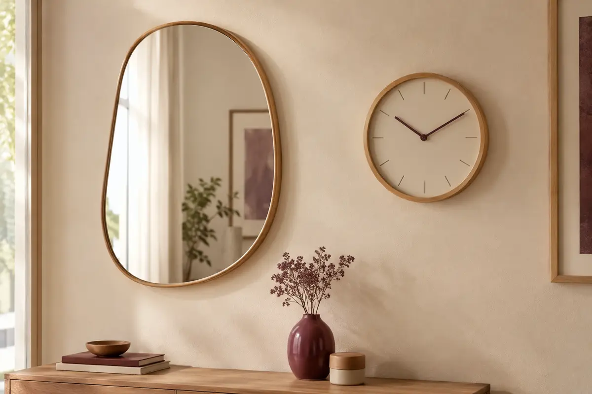 Miroir décoratif et horloge murale exposés sur un mur clair