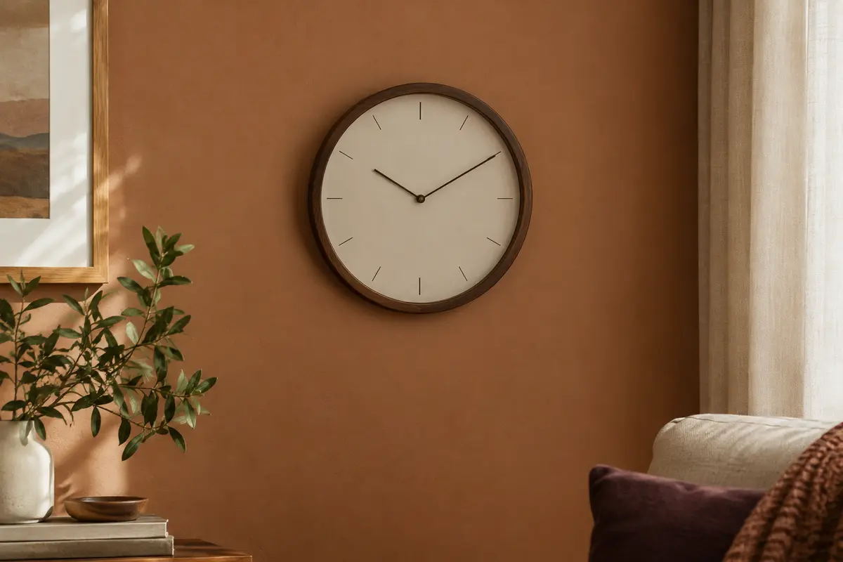 Horloge murale ronde à cadran sobre sur un mur couleur argile