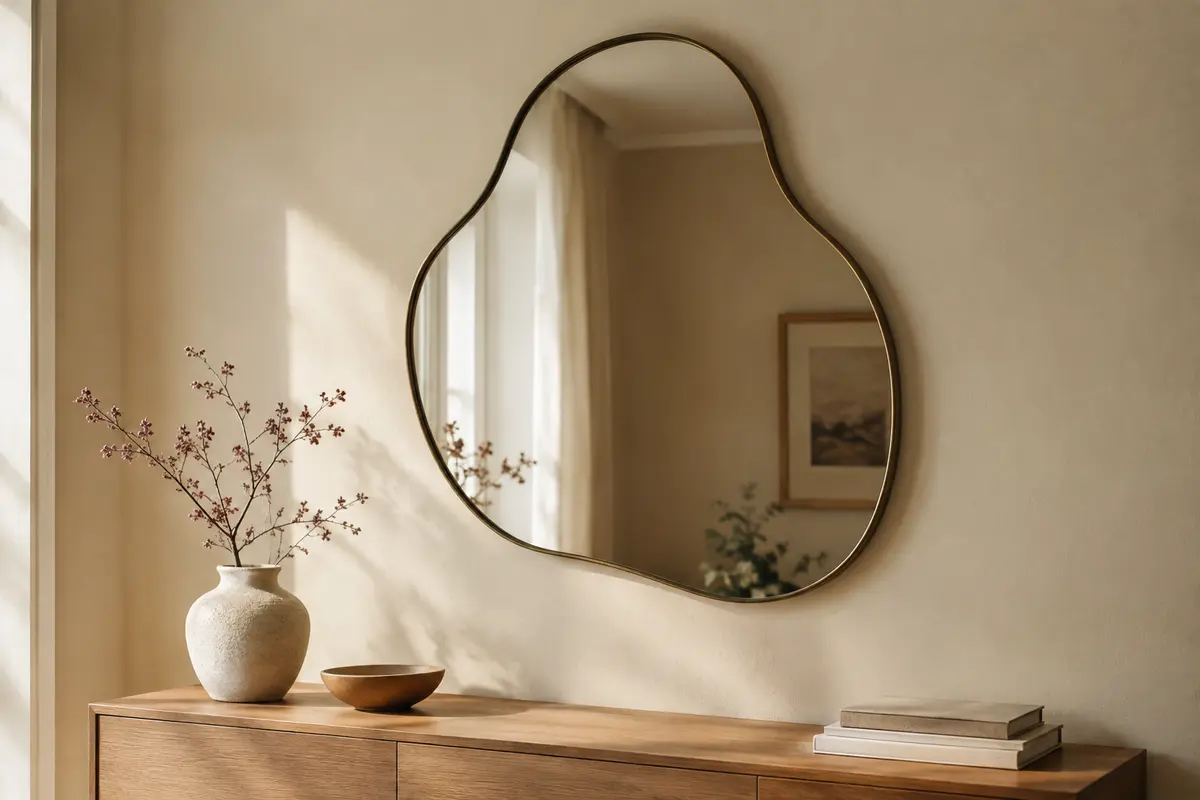 Miroir mural aux contours organiques au-dessus d’une console claire