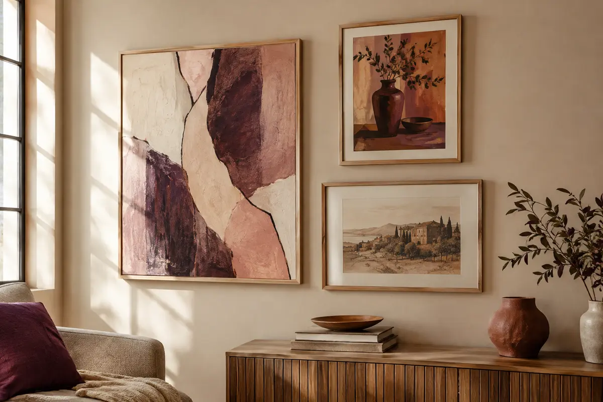 Ensemble de tableaux décoratifs de différents formats sur un mur clair