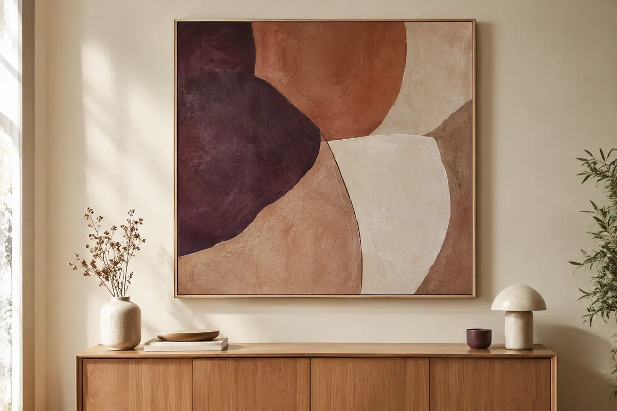 Tableau abstrait sur toile aux tons argile et prune dans un salon