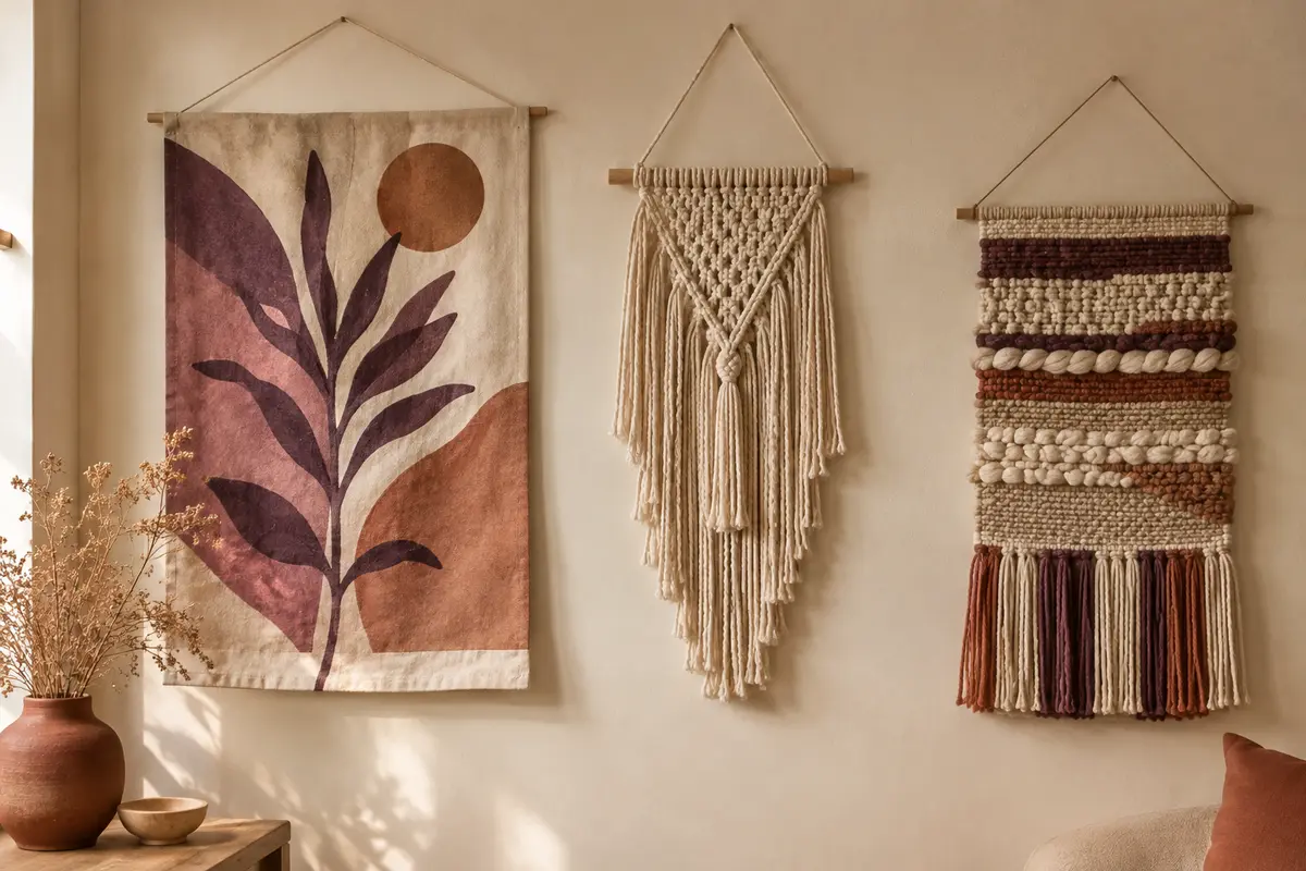 Tenture, macramé et tissage décoratif présentés sur un mur clair