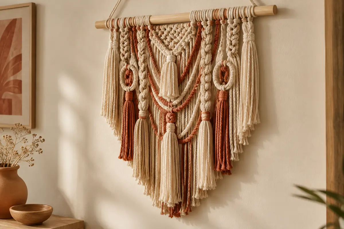 Macramé mural noué aux franges détaillées sur un mur ivoire