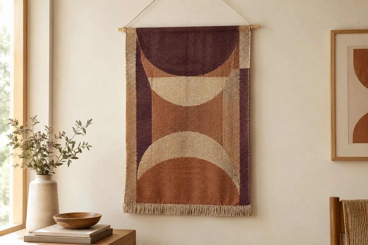Tenture textile à motif géométrique suspendue sur un mur crème