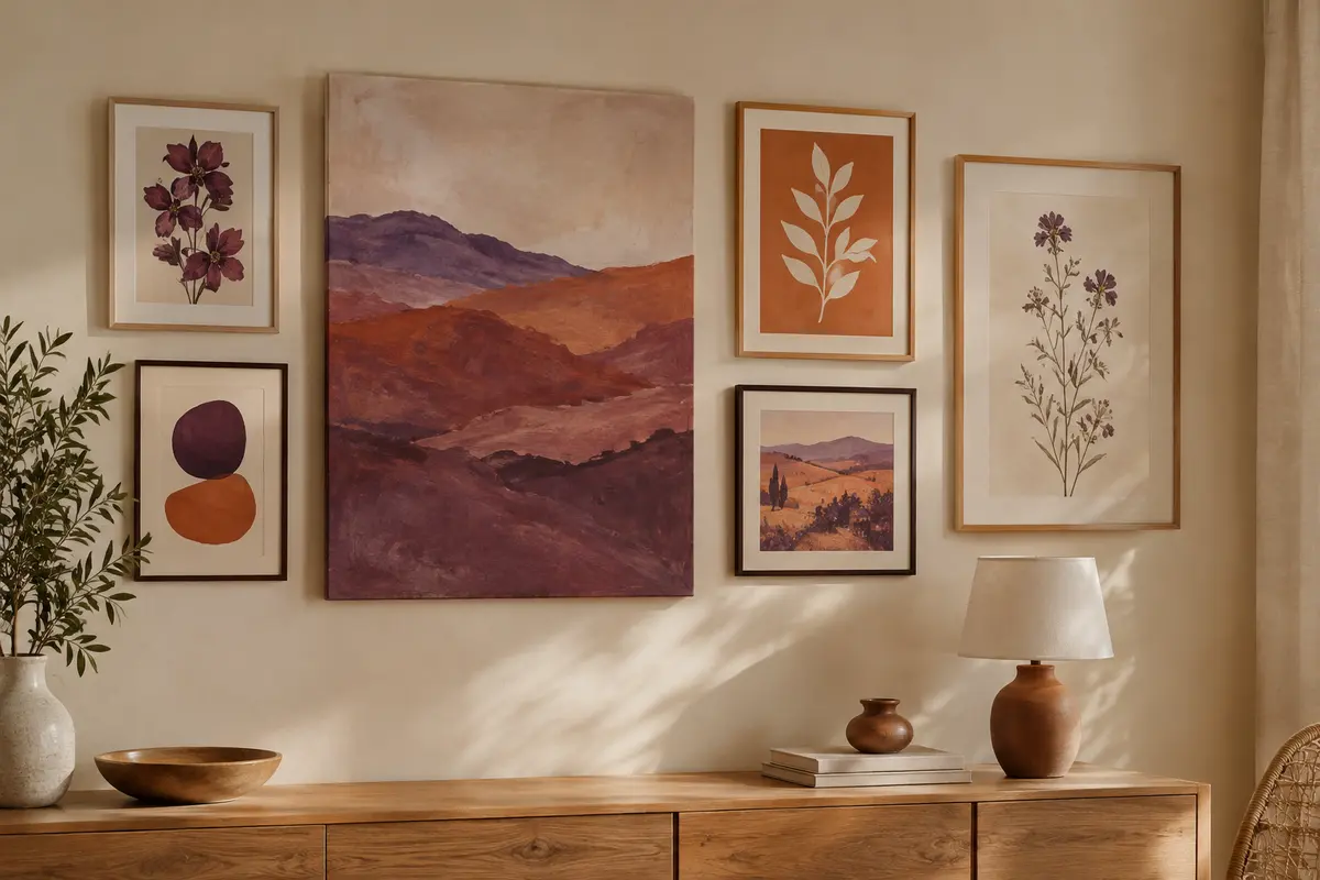 Affiches encadrées et tableau sur toile réunis sur un mur par des couleurs et des cadres complémentaires