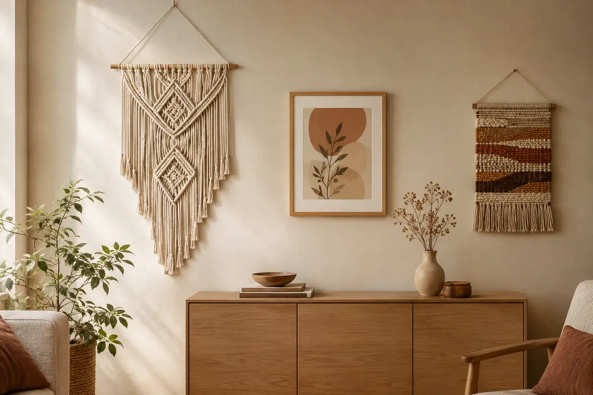 Macramé géométrique et tissage mural aux tons naturels sur un mur de salon contemporain