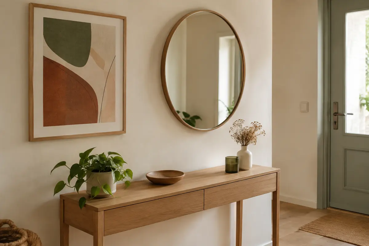 Affiche graphique encadrée dans une entrée claire, au-dessus d’une console en bois près d’un miroir.