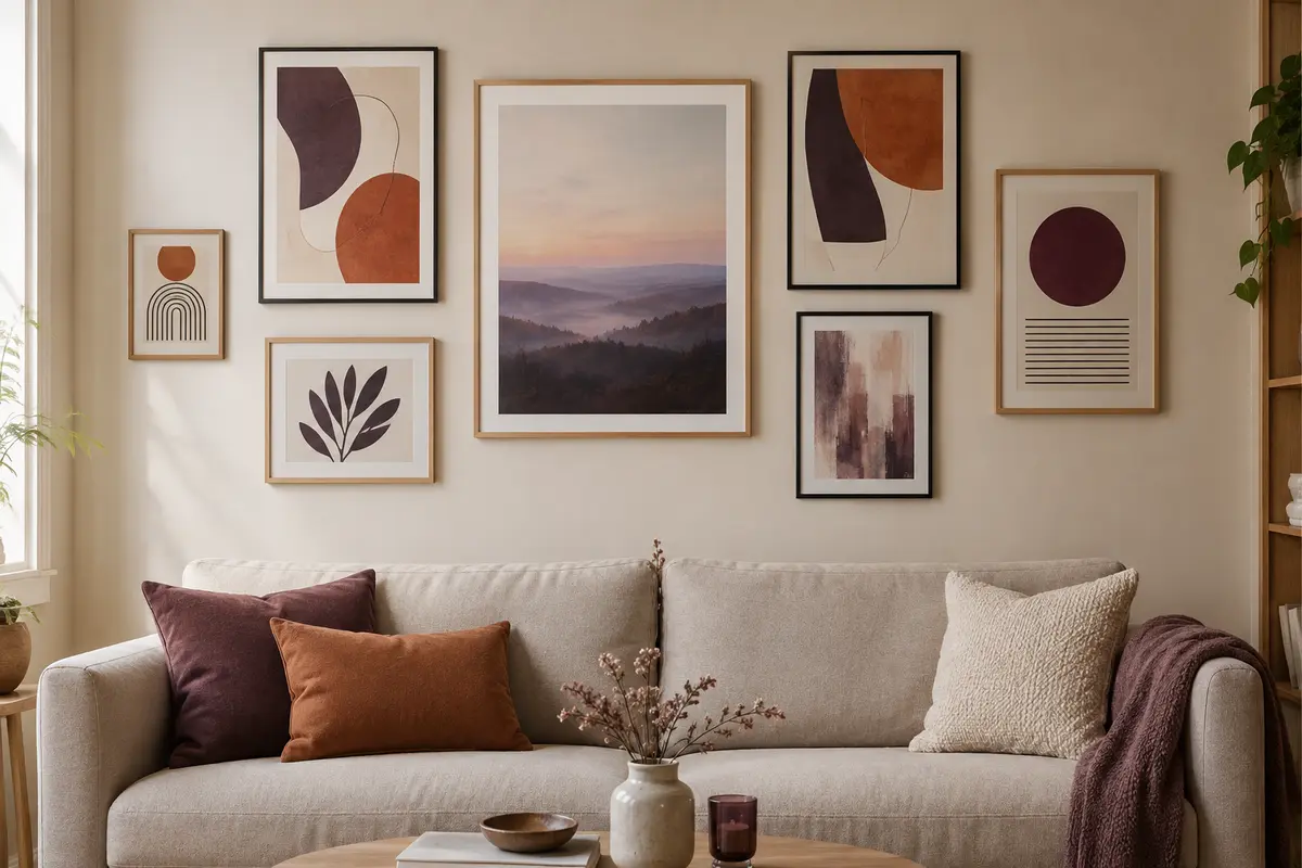 Mur de cadres aux formats variés, disposé au-dessus d’un canapé dans un salon lumineux
