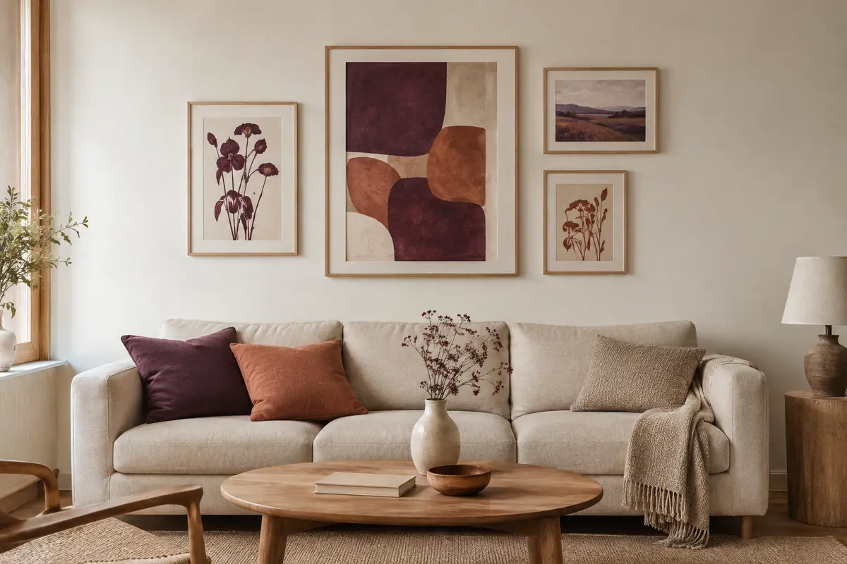 Composition de tableaux de formats variés au-dessus d’un canapé, sur un grand mur blanc dégagé