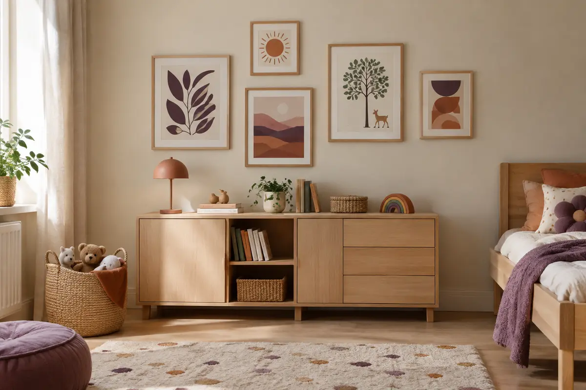 Mur de chambre d’enfant aux tons doux avec des affiches encadrées faciles à renouveler