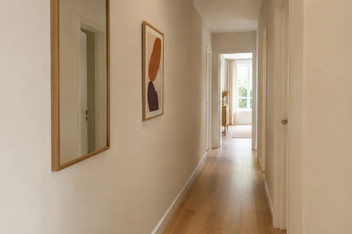 Couloir étroit aux murs clairs décoré d’un miroir plat et d’une affiche encadrée, sans encombrer le passage