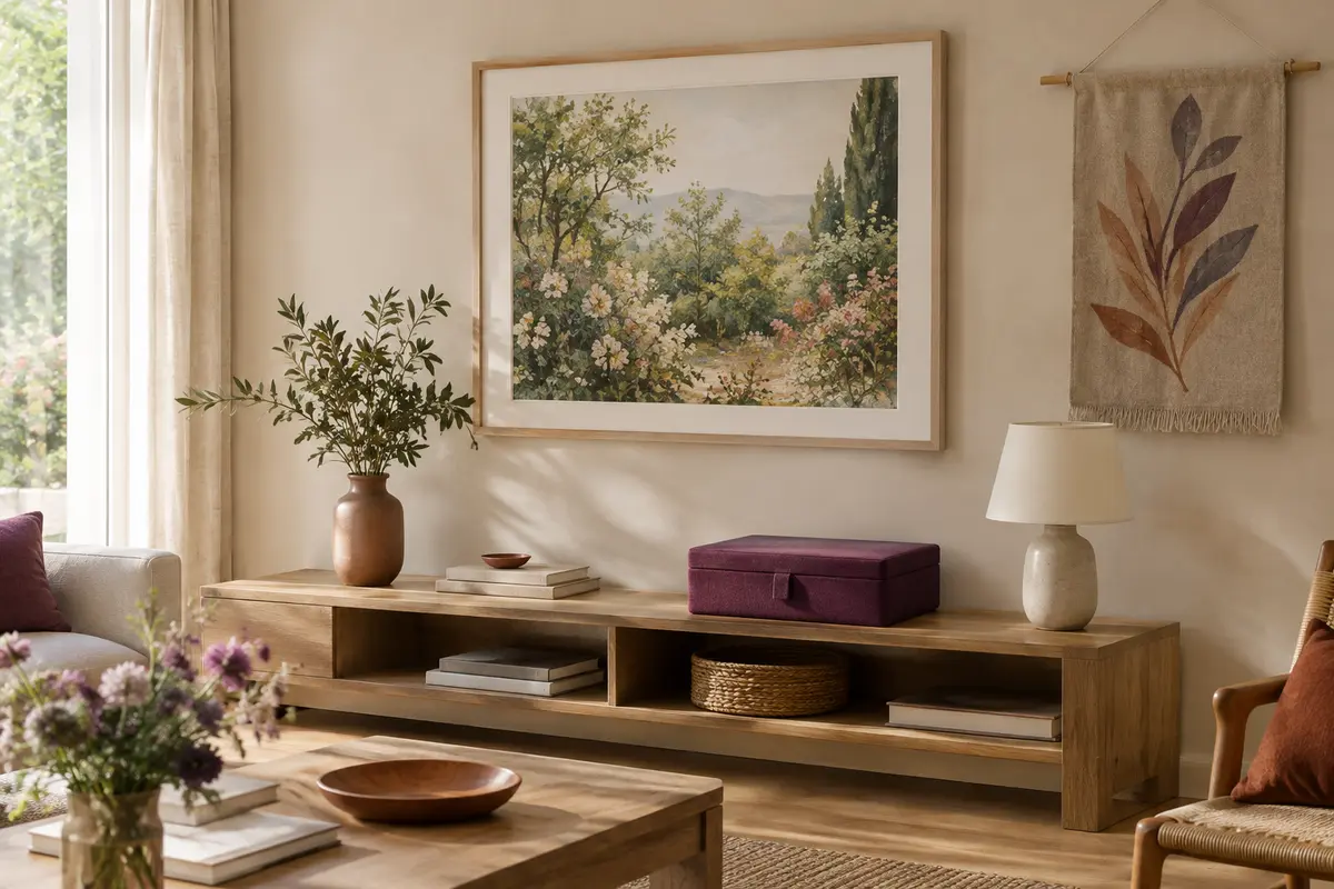 Mur de salon avec une affiche encadrée, une tenture sobre et un rangement discret pour les accents saisonniers.