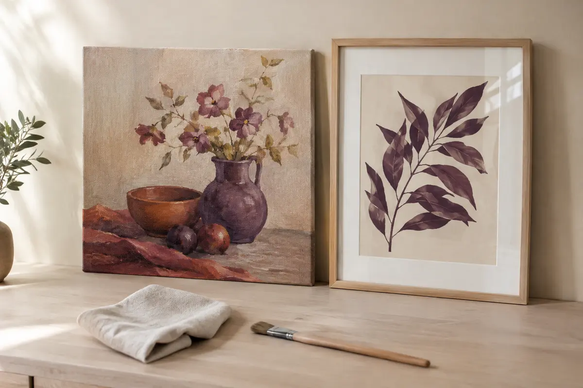 Une toile et une affiche encadrée avec un chiffon doux et un pinceau pour leur dépoussiérage