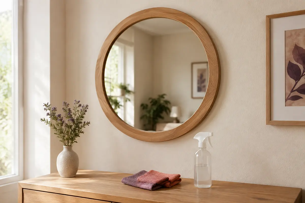Miroir mural au cadre en bois propre, accompagné de chiffons microfibres pour un entretien doux