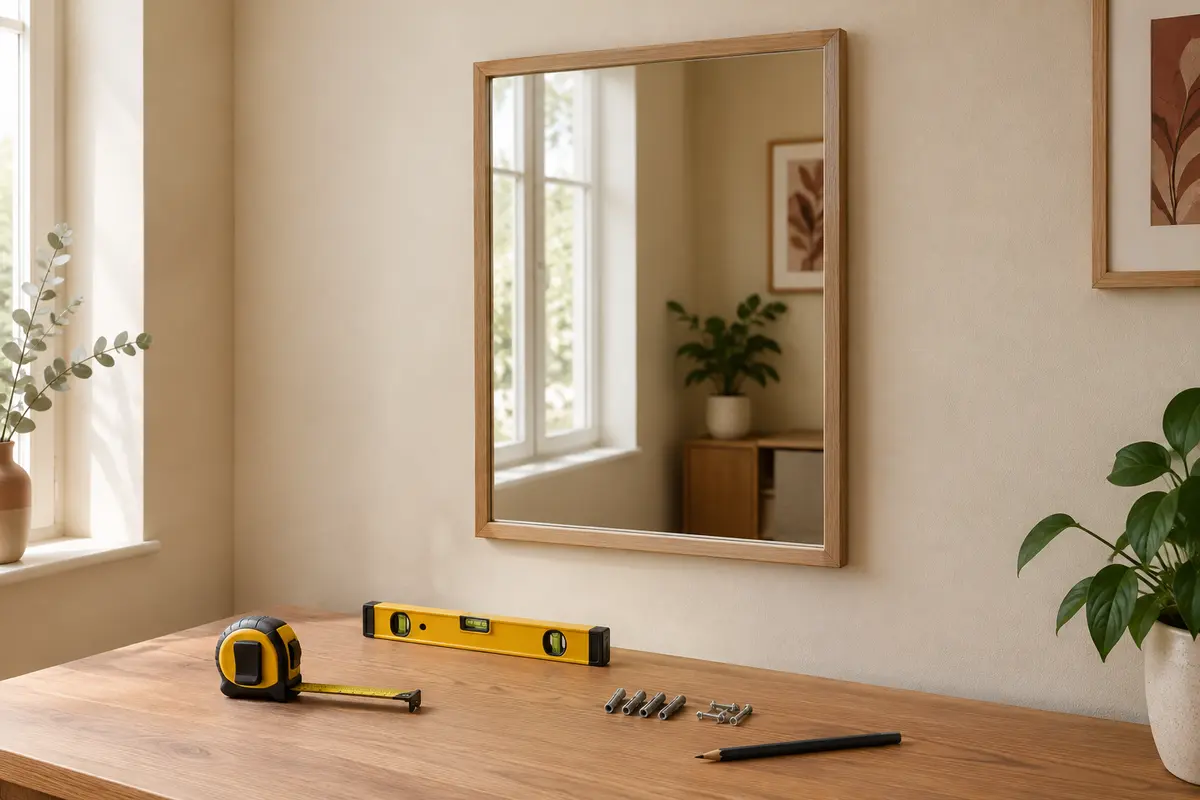 Miroir mural devant une cloison en placo, avec outils de mesure et fixations posés à proximité