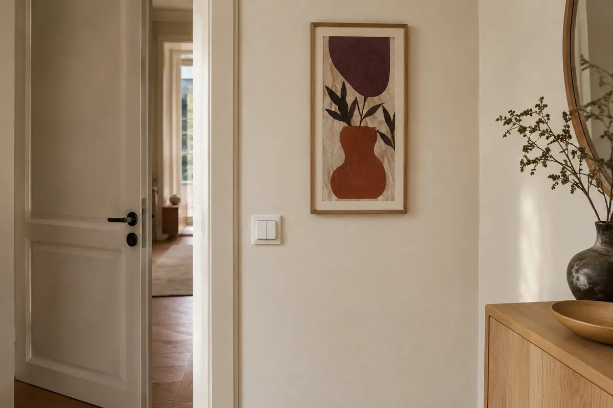 Petit pan de mur près d’une porte avec une affiche verticale encadrée, un interrupteur dégagé et un passage libre.