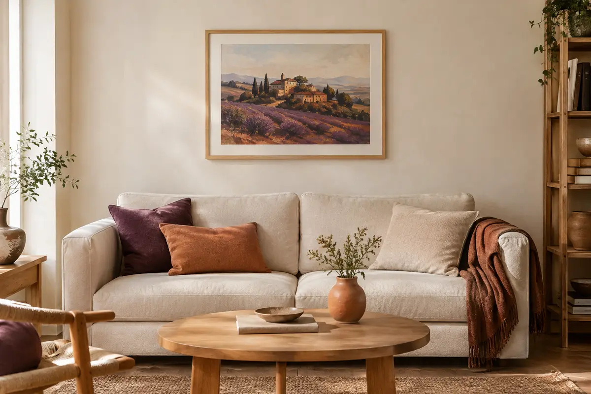 Tableau encadré au-dessus d’un canapé, placé à une hauteur confortable depuis l’assise et debout.