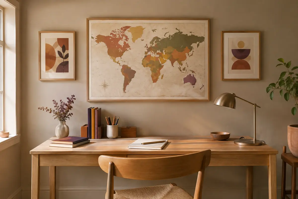 Carte du monde encadrée au-dessus d’un bureau, associée à quelques œuvres sobres sur un mur équilibré.