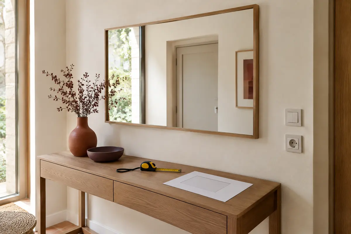 Miroir au-dessus d’une console, avec prise, interrupteur et repères de mesure visibles.