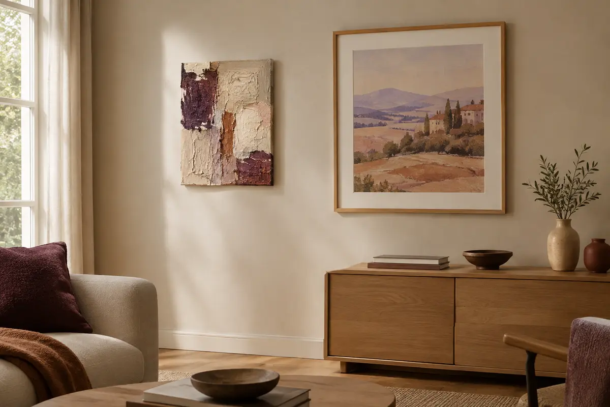 Peinture à la matière visible et reproduction encadrée réunies sur un mur clair de salon