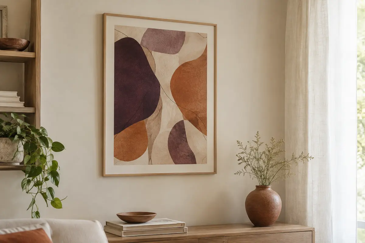 Affiche d’art encadrée sur un mur lumineux, placée à l’écart des rayons directs d’une fenêtre voilée.