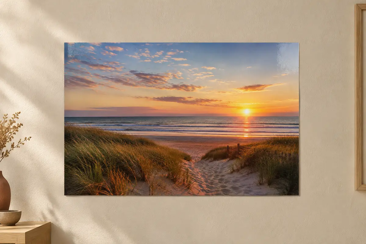 Affiche photo non encadrée de la mer, d’une plage et de dunes au lever du soleil
