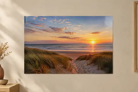 Affiche photo non encadrée de la mer, d’une plage et de dunes au lever du soleil