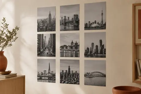 Neuf affiches photo urbaines en noir et blanc, disposées sur un mur crème dans un esprit rétro.