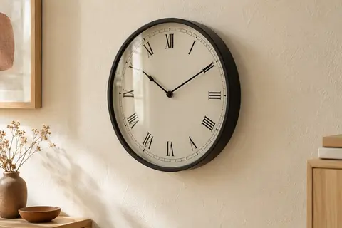 Horloge murale ronde Accshine en métal noir avec cadran analogique à chiffres romains, sur un mur crème.