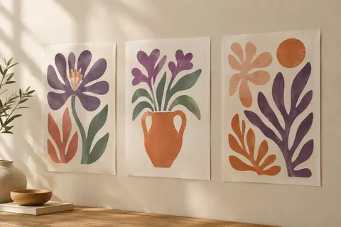 Trois affiches florales pastel d’inspiration Matisse, sans cadre, disposées sur un mur crème
