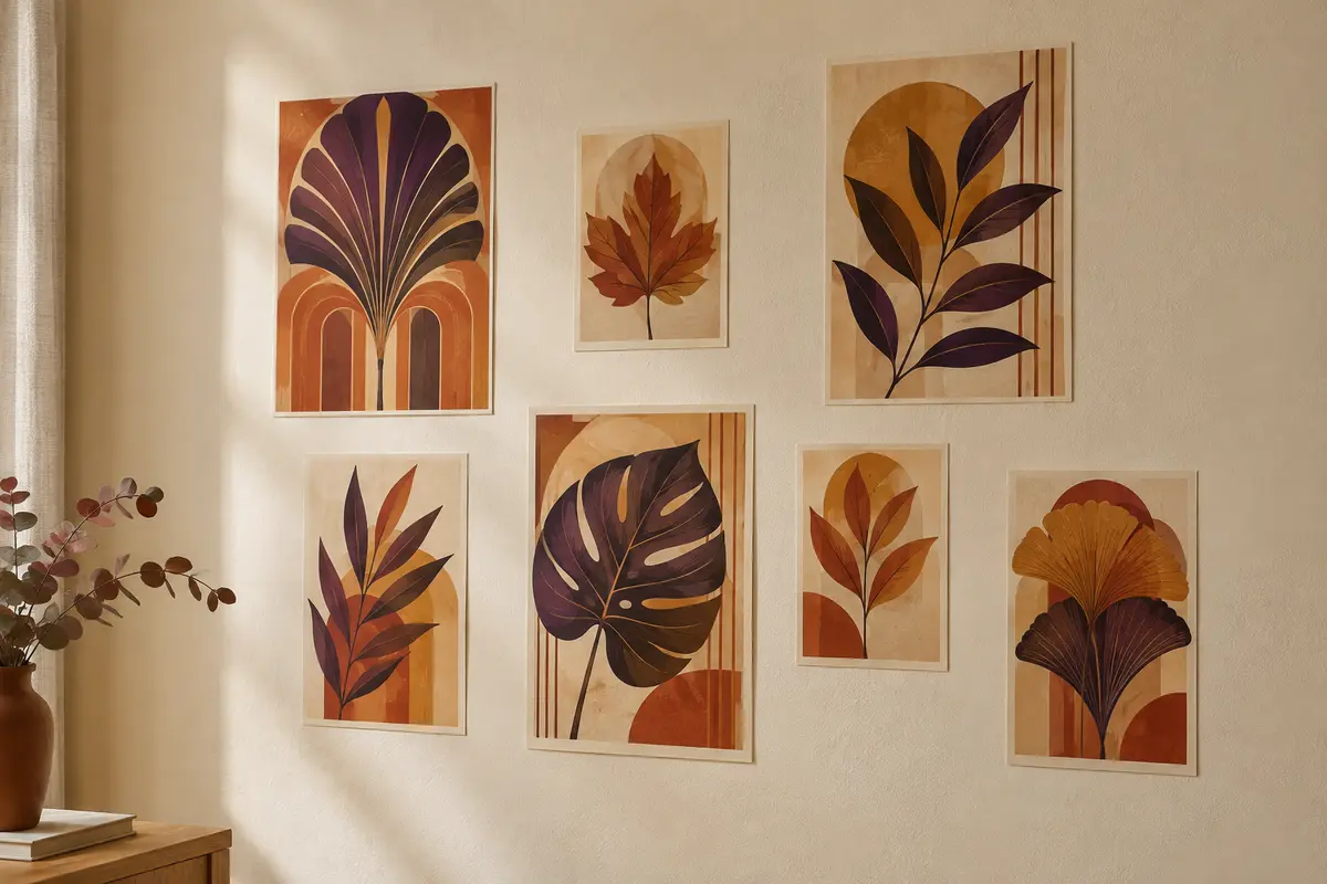 Sept affiches d’automne sans cadre, aux motifs de feuilles Art déco, disposées sur un mur crème