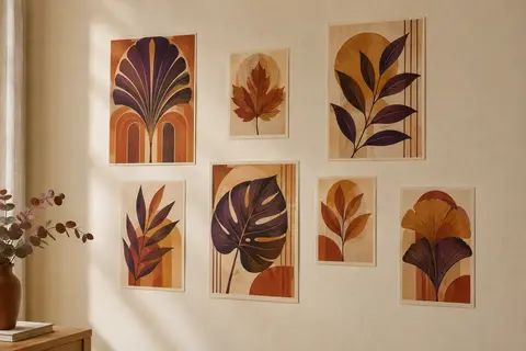 Sept affiches d’automne sans cadre, aux motifs de feuilles Art déco, disposées sur un mur crème