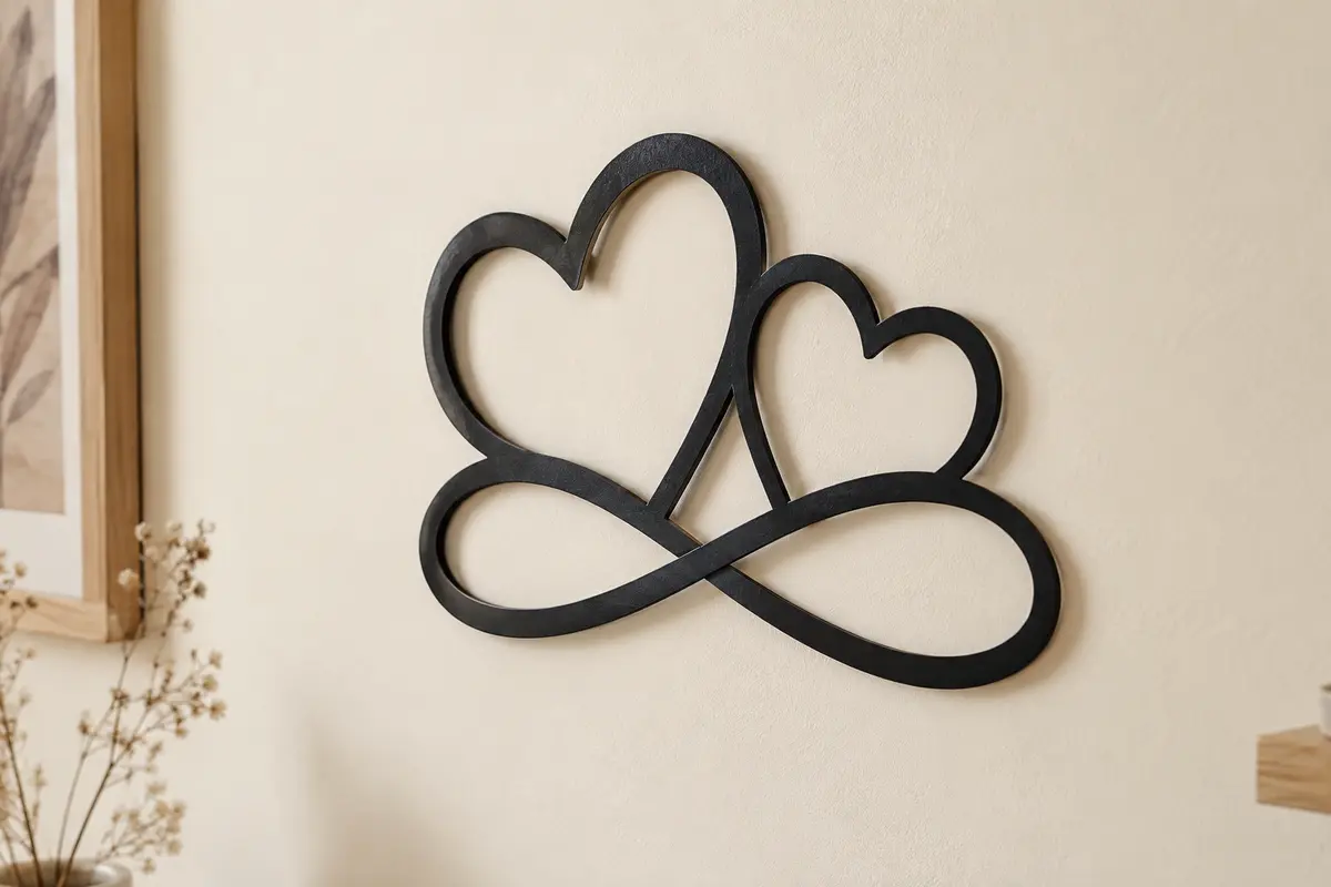 Sculpture murale en métal noir formant deux cœurs entrelacés avec le symbole de l’infini sur un mur crème.