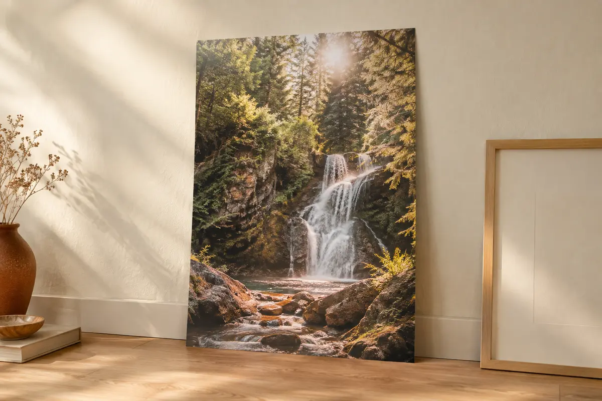 Affiche photo horizontale d’une cascade ensoleillée dans une forêt, imprimée sur papier brillant.