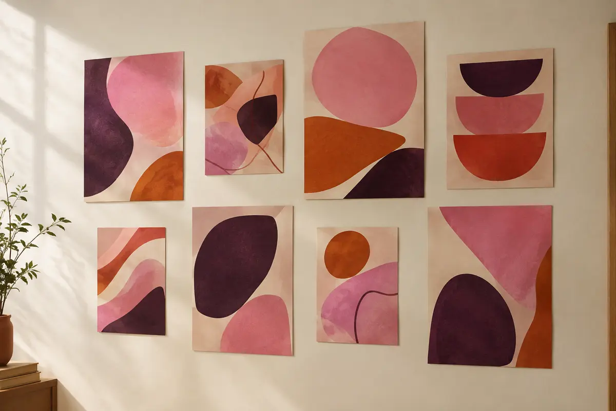Huit affiches abstraites colorées, dont certaines aux accents roses, disposées sans cadre sur un mur crème.