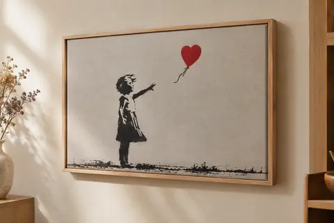 Tableau Artsprints Banksy Life is Short sur toile encadrée, installé horizontalement sur un mur crème.
