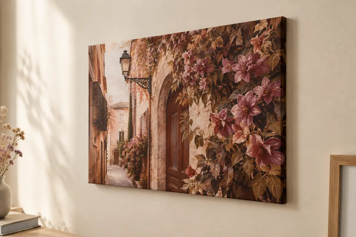Tableau sur toile horizontal aux motifs floraux et architecturaux, présenté sur un mur crème.