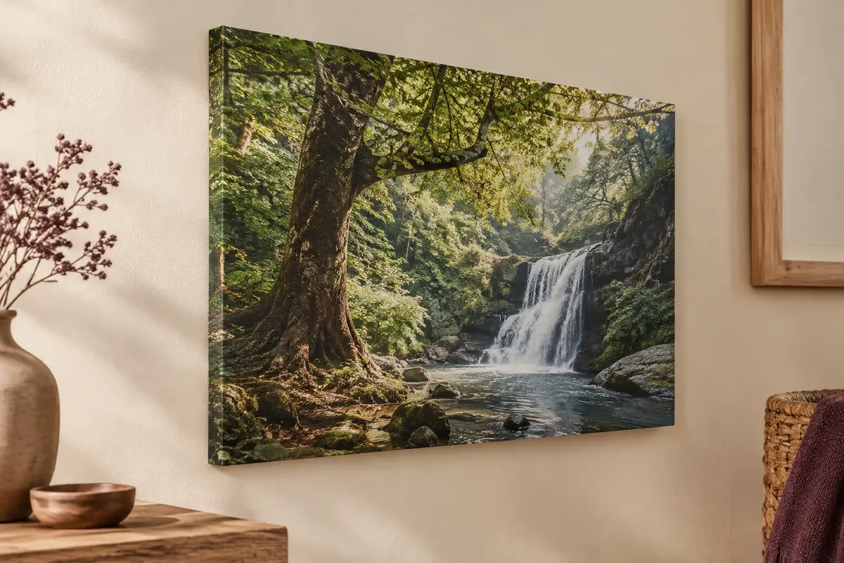 Tableau Arttor sur toile représentant une forêt et une cascade, avec les bords imprimés visibles