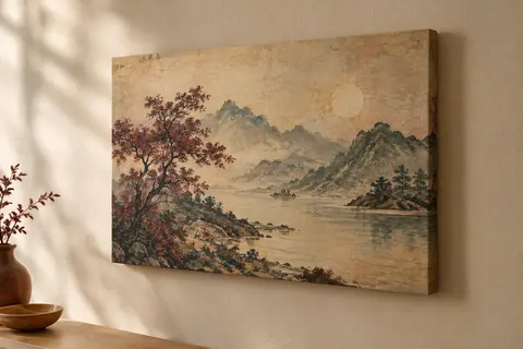Tableau sur toile au paysage asiatique vintage, présenté seul sur un mur crème avec ses bords imprimés.