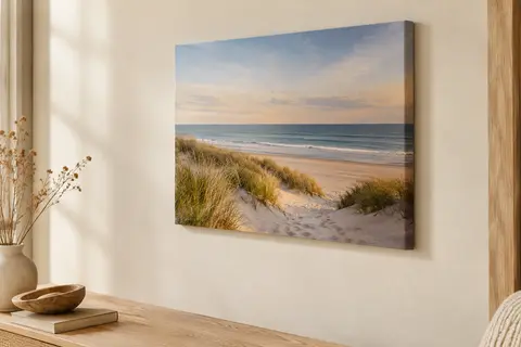 Tableau Arttor sur toile représentant un paysage de dune, plage et mer, accroché sur un mur crème.