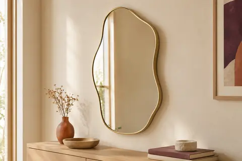 Miroir mural Roman à forme organique et cadre doré, présenté sur un mur crème au-dessus d’une console