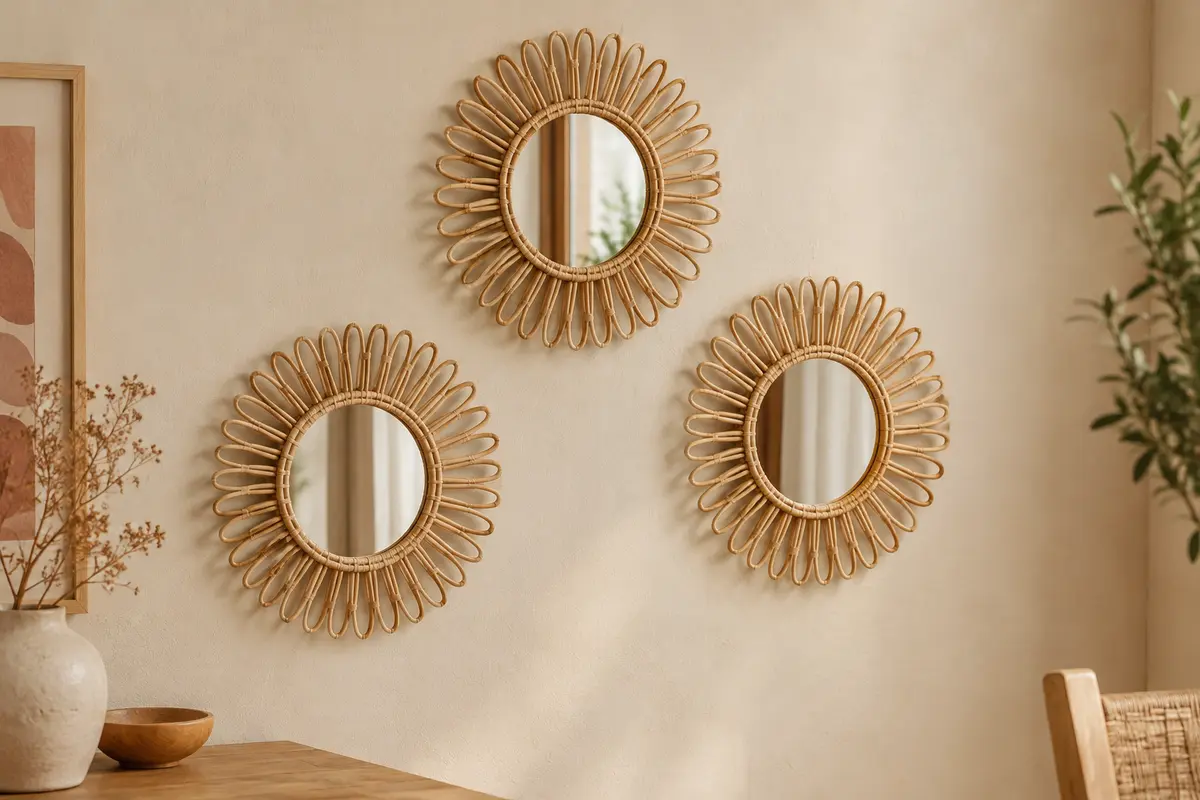 Trois miroirs muraux en rotin de forme soleil disposés en composition sur un mur crème