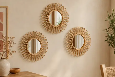Trois miroirs muraux en rotin de forme soleil disposés en composition sur un mur crème