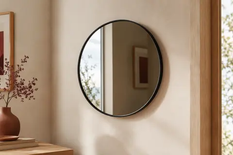 Miroir mural rond Beautypeak de 50 cm, avec verre et cadre noir en aluminium, sur un mur clair.
