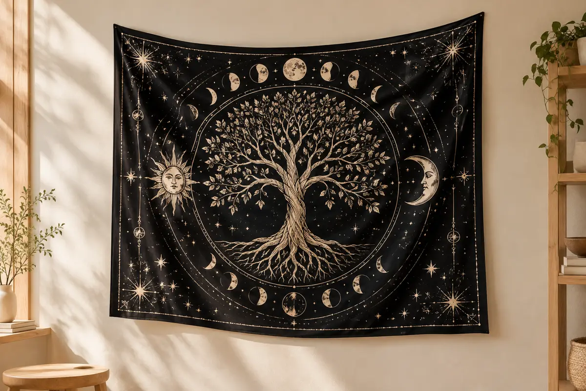 Tenture murale noire à motif d’arbre de vie, de lune, de soleil et d’étoiles sur un mur crème.