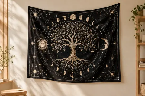 Tenture murale noire à motif d’arbre de vie, de lune, de soleil et d’étoiles sur un mur crème.