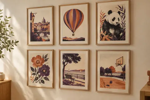 Six affiches d’art au format A4, aux motifs graphiques, présentées dans des cadres en bois clair sur un mur crème.